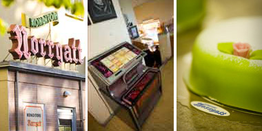 Bild på jukebox, neonskylt och prinsesstårta